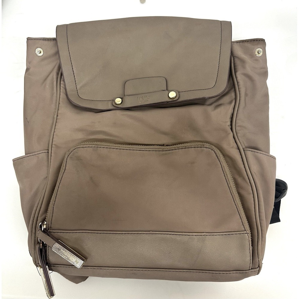 Tutilo New York Backpack Beige Nylon Faux Leather Adjustable Strap Zip Pockets